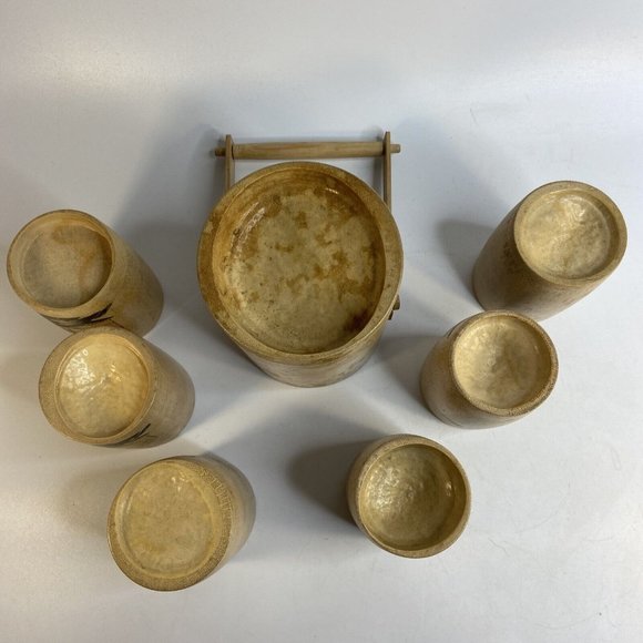 Tiki Bamboo Glasses & Ice Bucket Hand Painted Korean War Souvenir 50's Set of 7 - Picture 10 of 16